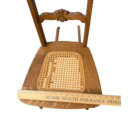 Antique Oak Rocking Chair w/ Carved Back & Cane Seat – 17” Wide Vintage rocker - Picture 6 of 10